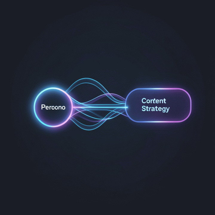 Visualisasi abstrak proses konversi data persona menjadi strategi konten digital.