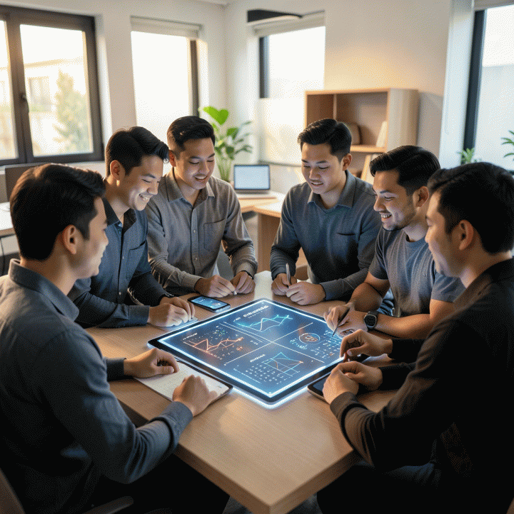 Tim pemasar digital Indonesia yang berkolaborasi di ruang kerja modern, merencanakan strategi konten pemasaran musiman menggunakan tampilan hologram atau layar digital yang abstrak.