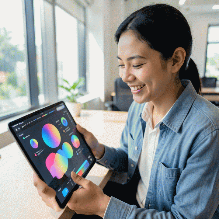 Seorang profesional muda Indonesia tersenyum percaya diri saat menggunakan tablet di ruang kerja modern, menunjukkan visualisasi konten digital yang dihasilkan AI, melambangkan kemudahan dan konsistensi branding dalam pemasaran.