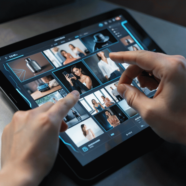 Tangan seorang pengguna berinteraksi dengan antarmuka digital modern yang menampilkan berbagai variasi aset iklan dalam tampilan visual abstrak dan terorganisir.