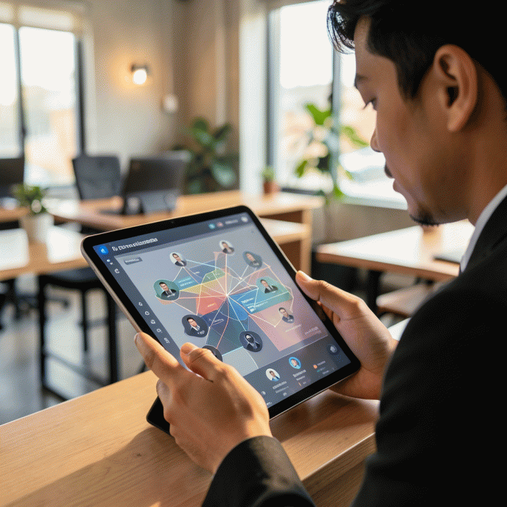 Seseorang sedang menganalisis atau menyusun peta persona pelanggan di tablet di co-working space modern.