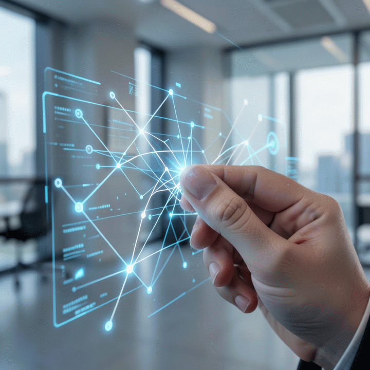 Tangan berinteraksi dengan antarmuka holografik AI yang menampilkan aliran data abstrak, melambangkan pembuatan konten dan strategi yang canggih.