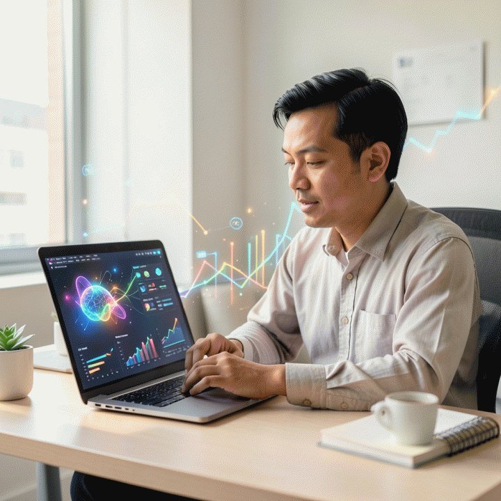 Seorang pemilik UMKM Indonesia yang percaya diri menggunakan laptop di ruang kerja modern, didukung oleh visualisasi data AI yang cerah dan otomatis, melambangkan solusi pemasaran digital yang efektif.