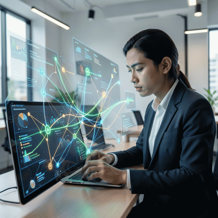 Seorang ahli pemasaran digital yang fokus bekerja dengan antarmuka holografik canggih, merepresentasikan strategi konten massif dan aman dari penalti AI.