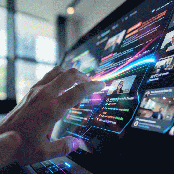 Tangan berinteraksi dengan layar sentuh futuristik yang menampilkan visualisasi data konten yang beragam dan masif.