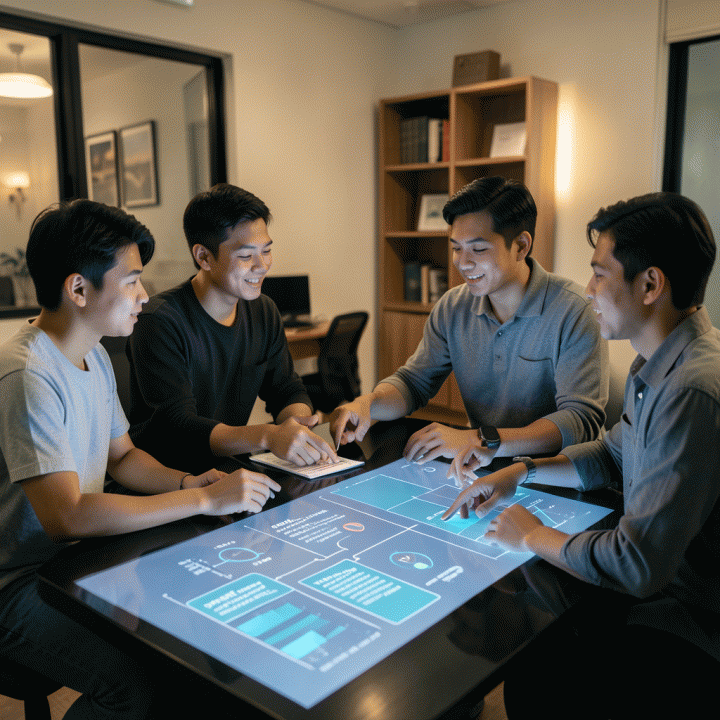 Kelompok pemasar digital Indonesia berdiskusi dan merencanakan strategi konten jangka panjang di depan layar digital interaktif.