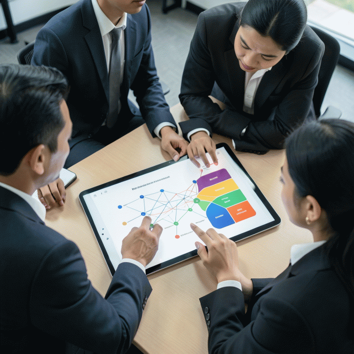 Dua profesional sedang berdiskusi dan memvisualisasikan peta perjalanan pelanggan (buyer journey) yang kompleks pada tablet digital di lingkungan kantor modern.