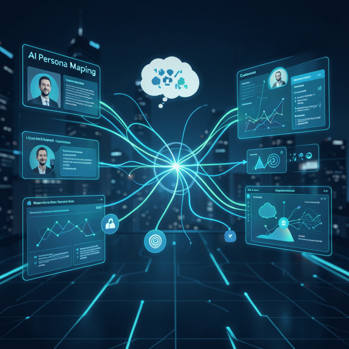 Visualisasi digital futuristik dan sinematik yang menunjukkan proses pemetaan persona pelanggan menggunakan kecerdasan buatan untuk merumuskan strategi konten pemasaran digital.