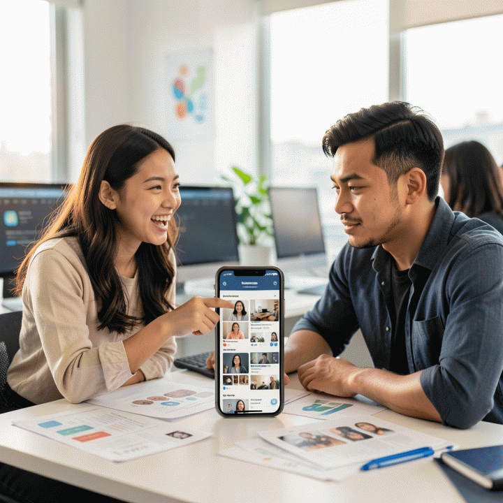 Dua profesional muda Indonesia berdiskusi di meja kerja modern mengenai strategi konten, dengan fokus pada konten yang terasa otentik dan dibuat oleh pengguna (UGC).