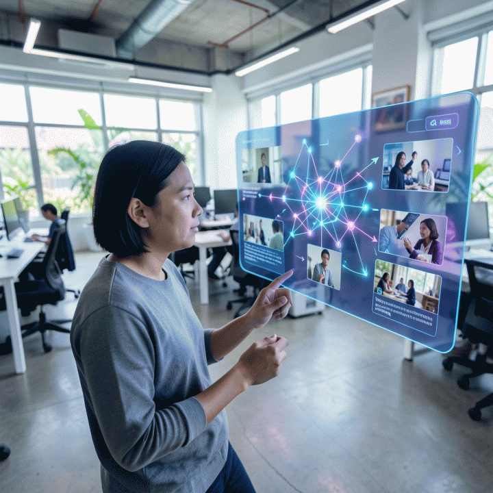 Seorang ahli strategi konten digital di ruang kerja modern sedang menganalisis dan mereplikasi ide konten viral dari kompetitor menggunakan antarmuka holografik AI.