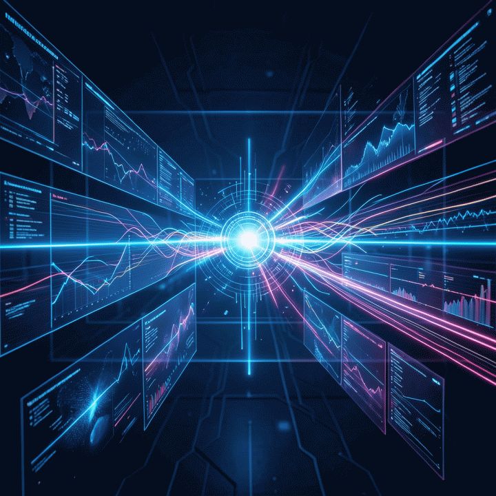 Visualisasi abstrak strategi konten yang kompleks, menunjukkan berbagai data video yang diolah dan dioptimalkan oleh inti AI.