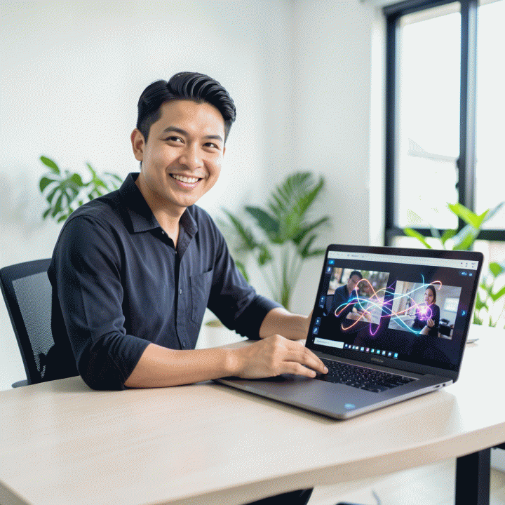 Konten kreator Indonesia menggunakan AI di studio modern, merepresentasikan proses remixing video kompetitor menjadi konten viral.