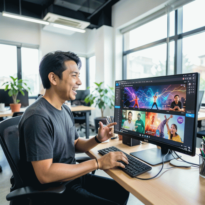 Seorang kreator konten muda Indonesia di ruang kerja modern sedang menggunakan alat AI untuk meremix dan menyempurnakan berbagai cuplikan video menjadi konsep konten viral baru.
