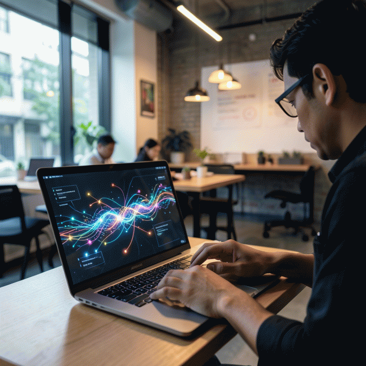 Seorang profesional muda di ruang kerja modern Indonesia sedang menggunakan laptop yang menampilkan visualisasi abstrak proses pembuatan konten AI, melambangkan strategi konten viral.