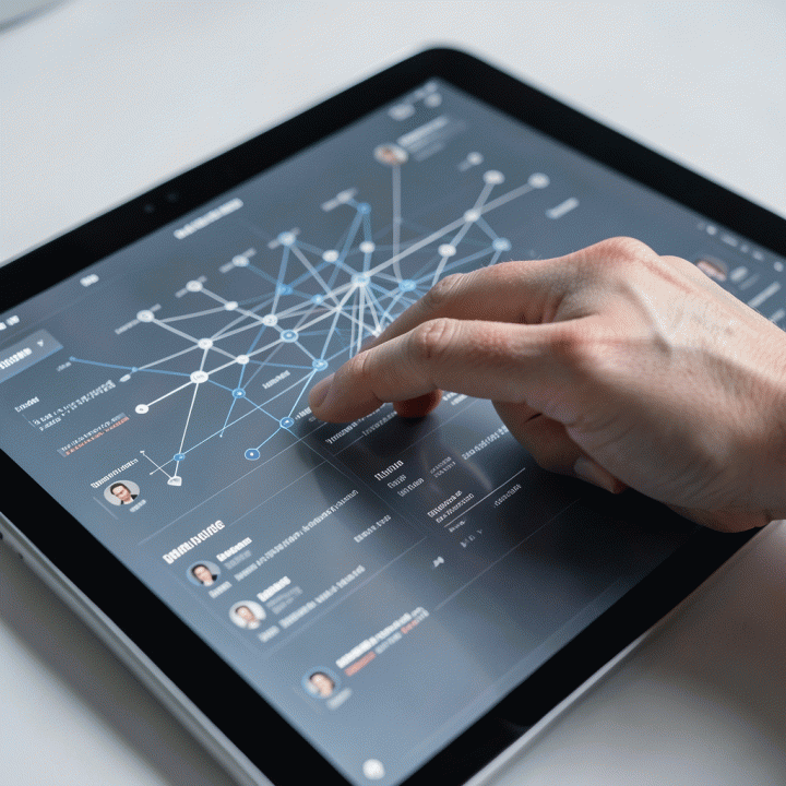 Tangan berinteraksi dengan tablet futuristik yang menampilkan profil persona terstruktur, melambangkan penyusunan strategi konten.