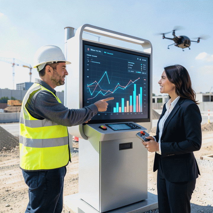 Manajer proyek dan pemilik proyek membahas data monitoring progres dan biaya konstruksi real-time pada panel kontrol futuristik di lokasi proyek modern.