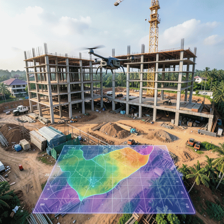 Drone terbang di lokasi konstruksi, menunjukkan pemantauan progres proyek dari udara.