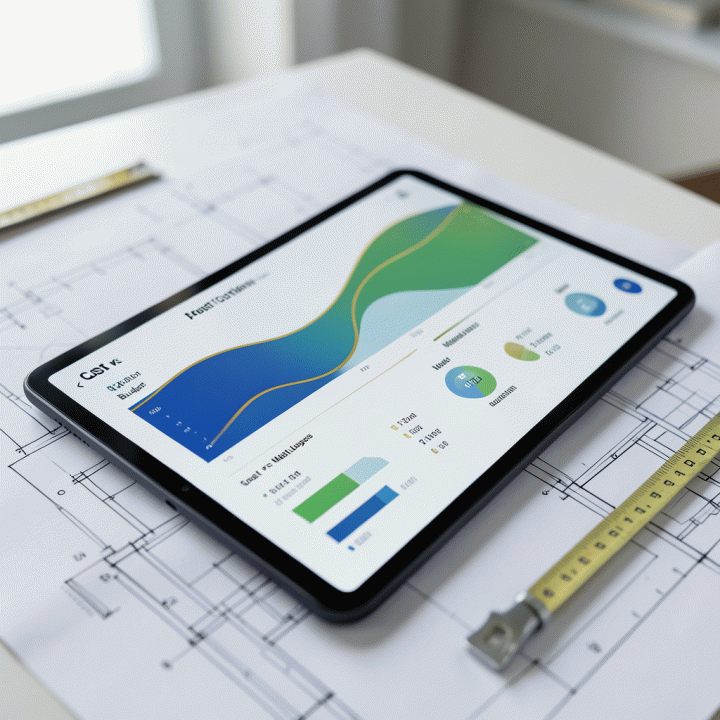 Tampilan tablet digital yang menunjukkan visualisasi data progres dan biaya proyek yang terstruktur dan modern.