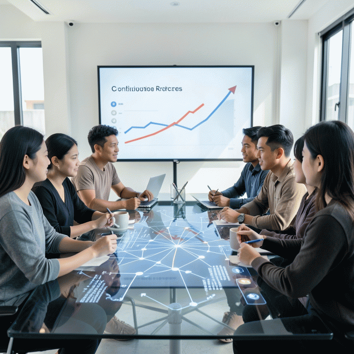 Tim profesional muda Indonesia sedang berkolaborasi di ruang kerja digital yang modern, membahas strategi peningkatan konversi website dengan visualisasi data aliran informasi yang kompleks.