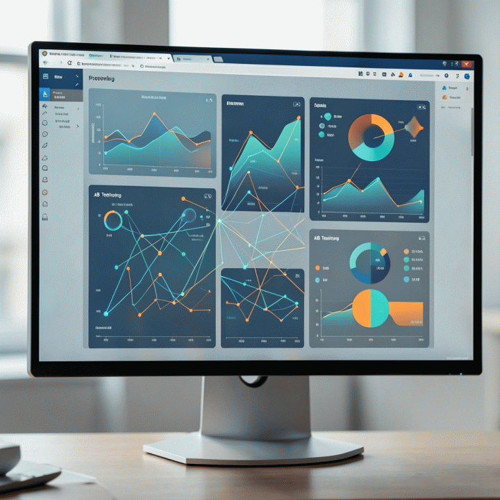 Tampilan dashboard data analitik digital yang kompleks dan modern, menampilkan peta panas (heatmap) dan diagram alir untuk mengukur kinerja konversi website.