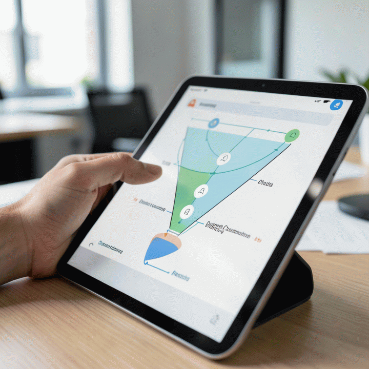 Tangan menggunakan tablet yang menampilkan peta perjalanan pengguna (user journey map) digital yang menunjukkan titik-titik penting dalam alur konversi website.