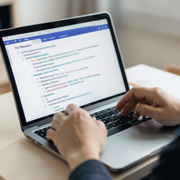 Tangan mengetik detail rencana pelajaran fisika yang kompleks pada layar laptop modern yang menampilkan garis besar topik fisika, tujuan pembelajaran, dan aktivitas yang dihasilkan AI.