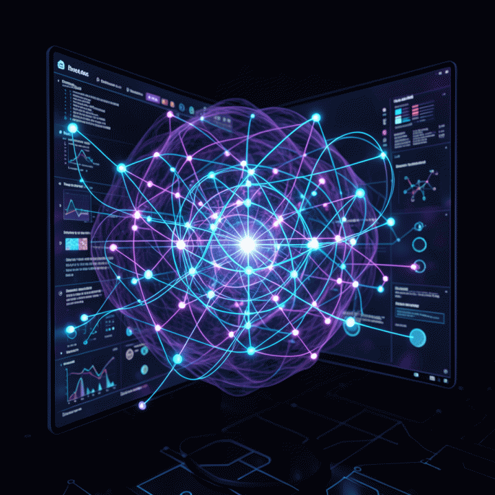 Visual abstrak dari modul pendidikan yang kompleks yang diorganisasi dan distrukturkan oleh kekuatan AI tak terlihat, direpresentasikan oleh garis digital bercahaya biru dan ungu yang mengalir.