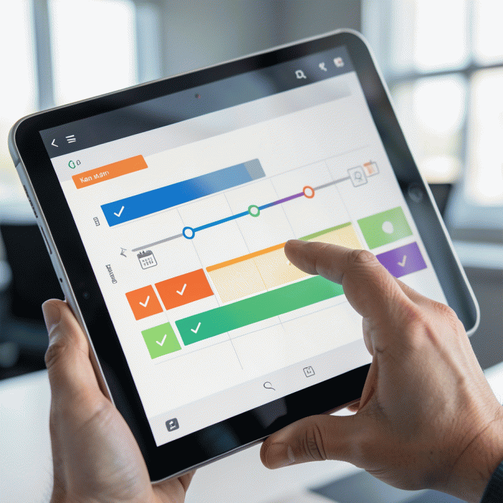 Tangan melacak status lamaran kerja atau proyek pada antarmuka tablet futuristik yang bersih dan abstrak.