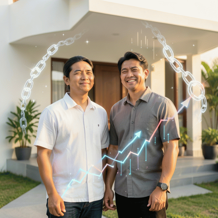 Pasangan muda Indonesia yang terlihat lega dan percaya diri, berdiri di latar belakang rumah minimalis, dikelilingi oleh representasi visual rantai atau simpul utang yang larut menjadi grafik keuangan positif.