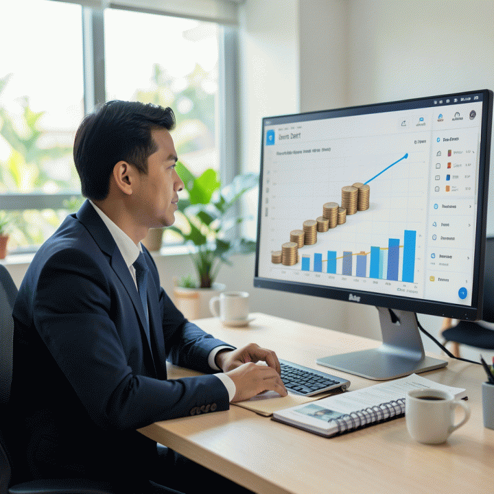 Seorang profesional muda Indonesia yang sedang memantau dashboard keuangan yang menampilkan progres pelunasan utang dengan grafis yang terukur dan terarah.