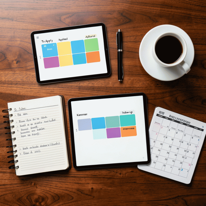 Tampilan flat lay meja kerja yang terorganisir dengan planner digital dan alat bantu lainnya, melambangkan manajemen lamaran kerja yang sistematis.