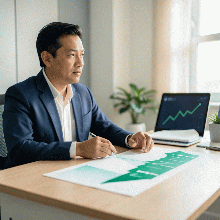 Seorang profesional muda Indonesia yang terlihat lega dan percaya diri di depan visualisasi grafik penurunan utang yang menunjukkan kemajuan finansial.