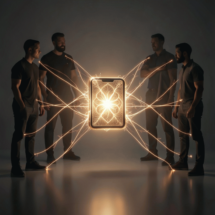 Visual metafora koneksi emosional merek, di mana sebuah produk digambarkan terhubung oleh benang energi bercahaya kepada berbagai siluet manusia yang mewakili loyalitas pelanggan.
