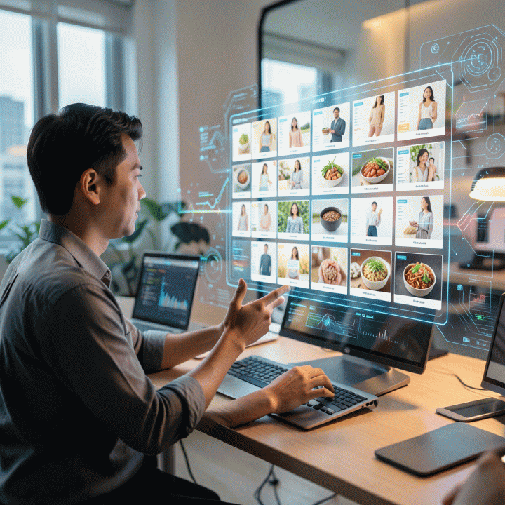 Seorang pemilik UMKM Indonesia di ruang kerja modern berinteraksi dengan antarmuka AI holografik yang menampilkan ratusan variasi iklan digital yang siap digunakan, melambangkan kecepatan dan efisiensi pemasaran massal.