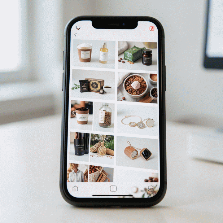 Tampilan close-up pada layar ponsel pintar yang menunjukkan berbagai variasi mockup iklan produk yang dihasilkan secara AI, menunjukkan keberagaman visual yang cepat.