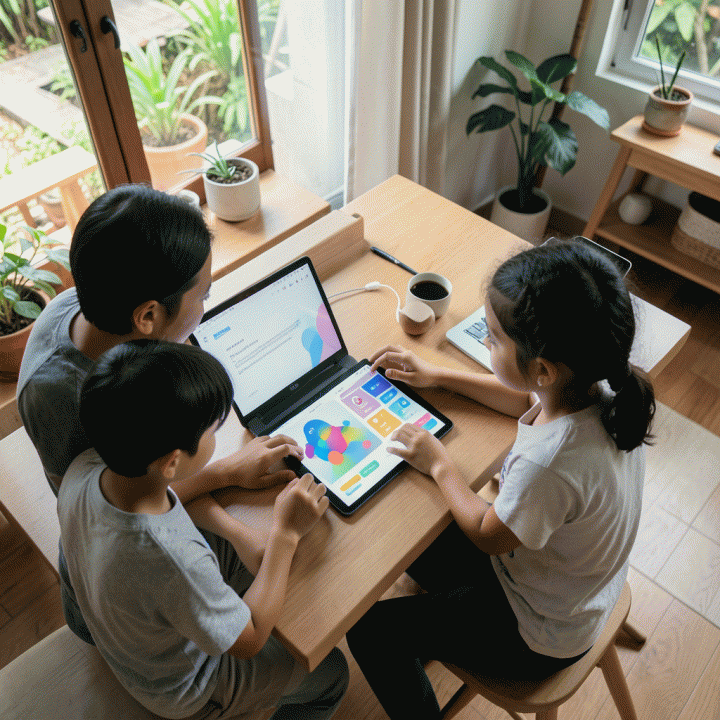 Orang tua dan anak belajar bersama di rumah menggunakan tablet dengan materi edukasi interaktif, menunjukkan dukungan belajar yang efisien.