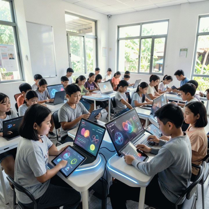 Kelas modern dan ceria di Indonesia, siswa-siswa berinteraksi aktif dengan materi belajar digital interaktif yang futuristik, menunjukkan suasana pembelajaran yang menyenangkan dan teknologi.