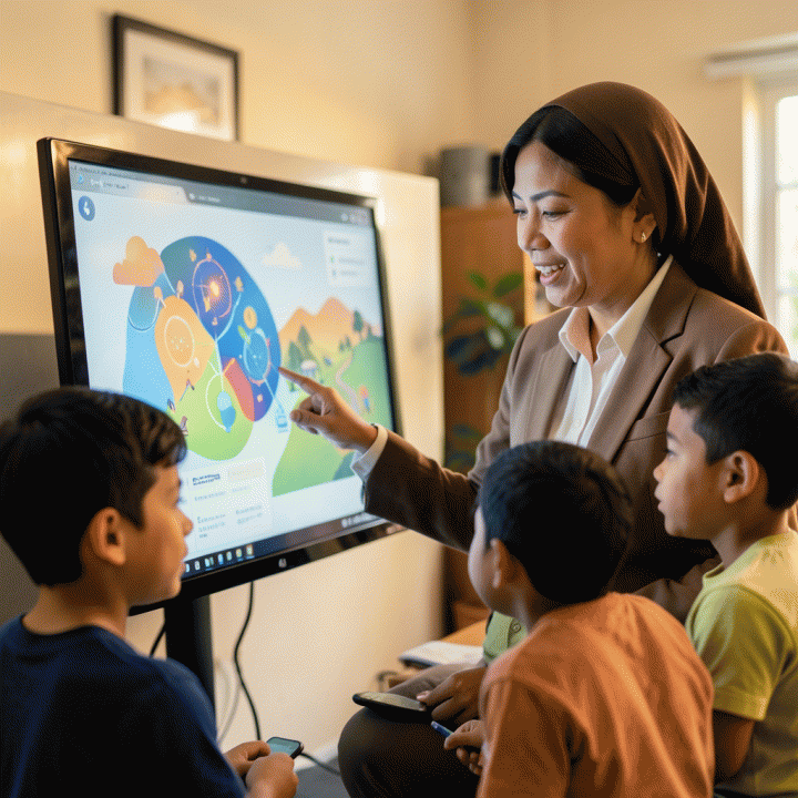 Guru memandu siswa di depan layar digital interaktif yang menampilkan materi pelajaran yang menarik, menekankan interaksi guru dan teknologi.