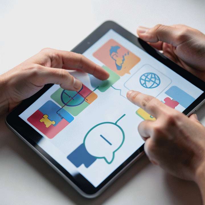 Tangan guru menggunakan tablet AI untuk menghasilkan materi pembelajaran modular yang abstrak dan berwarna-warni.