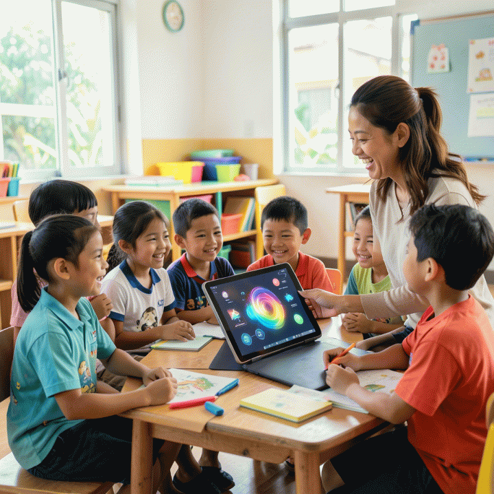 Guru mengajarkan materi interaktif dan inklusif kepada sekelompok siswa sekolah dasar yang beragam di kelas modern, dengan bantuan visualisasi AI yang berwarna-warni.