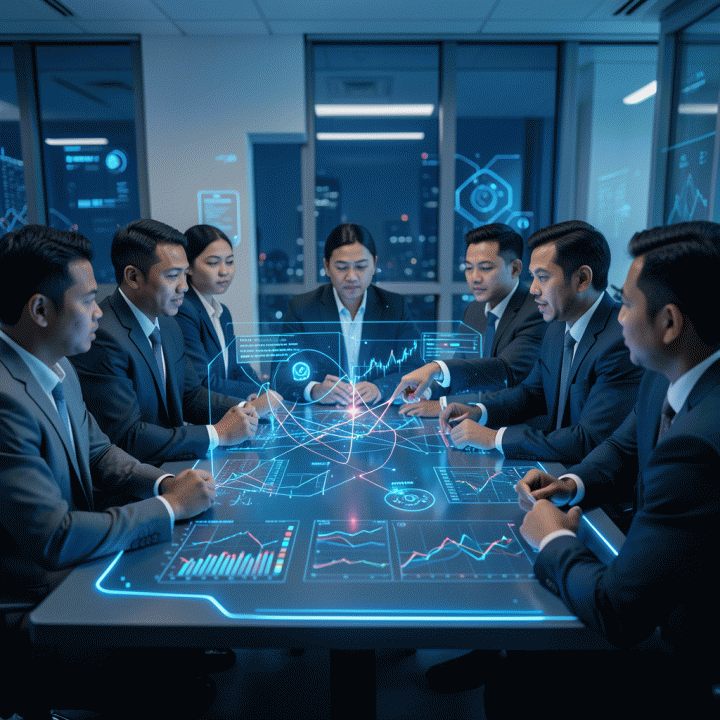 Digital marketing manager profesional berdiskusi di sekitar meja holografik yang menampilkan visualisasi data dan strategi AI untuk analisis pasar yang mendalam.