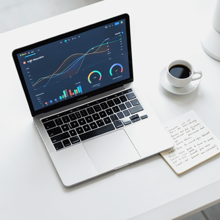 Meja kerja minimalis dengan laptop menampilkan dasbor data abstrak, melambangkan analisis mendalam dan penemuan insight pasar.