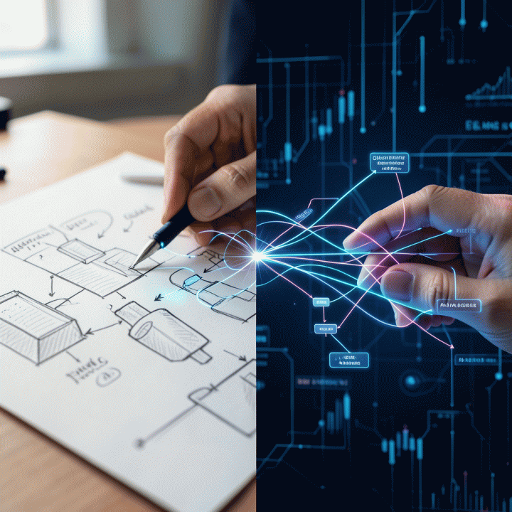 Ilustrasi visualisasi sinergi antara ide kreatif manusia dan analisis data AI untuk merancang strategi pemasaran yang optimal.