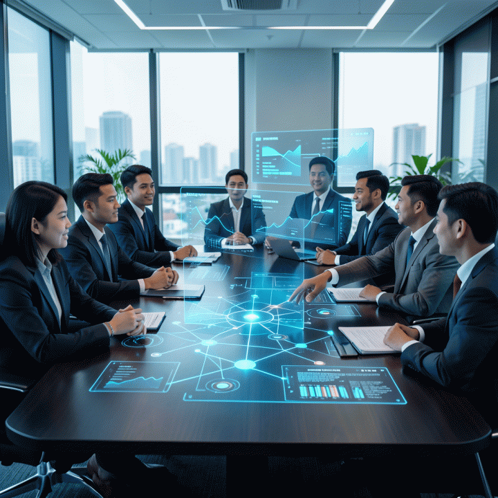 Sejumlah profesional pemasaran yang berdiskusi di ruang rapat futuristik, meninjau visualisasi data holografik yang menunjukkan optimasi alokasi anggaran media mix menggunakan kecerdasan buatan.