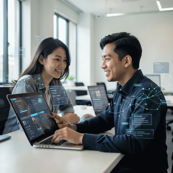 Seorang profesional muda Indonesia yang fokus dan optimis melihat peluang kerja di berbagai layar digital dalam latar co-working space modern, melambangkan strategi karir berbasis teknologi.