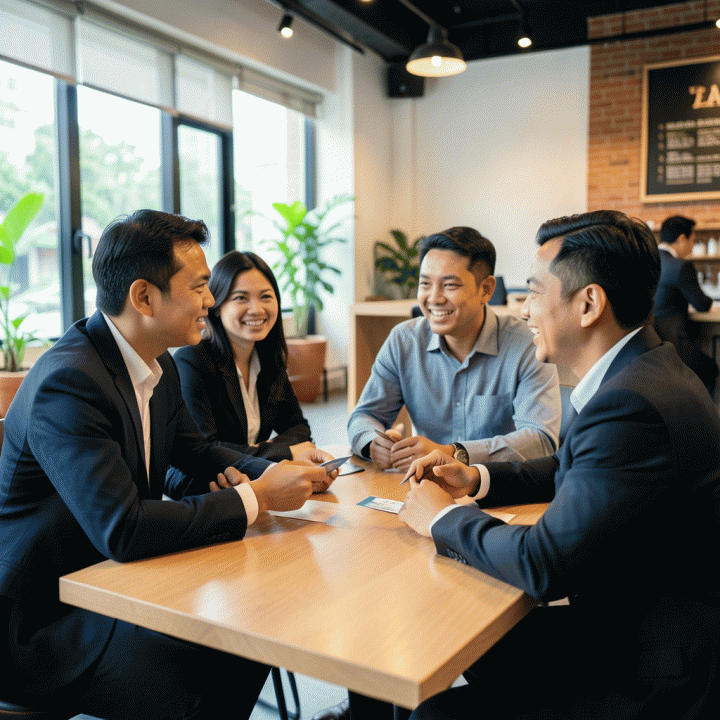 Pertemuan profesional yang hangat dan kolaboratif antara para profesional Indonesia, menggambarkan pentingnya networking dalam pencarian karir.