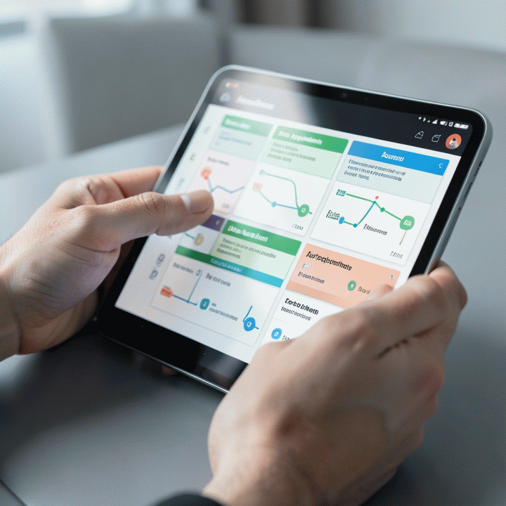 Tangan sedang berinteraksi dengan antarmuka tablet yang rapi dan futuristik, menampilkan papan kanban atau alur kerja untuk melacak lamaran dan prospek pekerjaan secara sistematis.