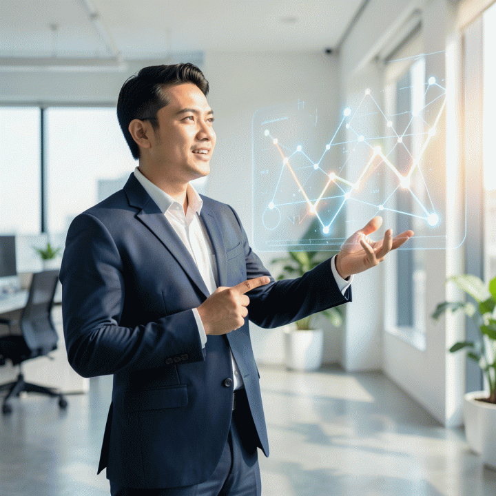 Seorang profesional muda Indonesia yang berdiri dengan percaya diri, melihat representasi data finansial holografik yang menunjukkan strategi pengelolaan utang yang terstruktur dan menuju kebebasan finansial.
