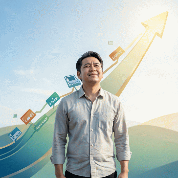 Visualisasi seseorang yang merasa lega dan percaya diri setelah berhasil mengatur dan melunasi berbagai jenis utang finansial, menuju kebebasan finansial.