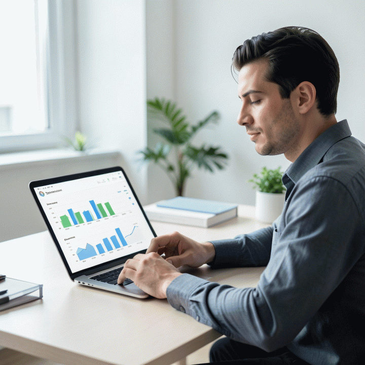 Seorang profesional muda yang tenang dan fokus melihat dashboard keuangan di tablet, menunjukkan visualisasi progres pelunasan utang yang terorganisir dan terukur.